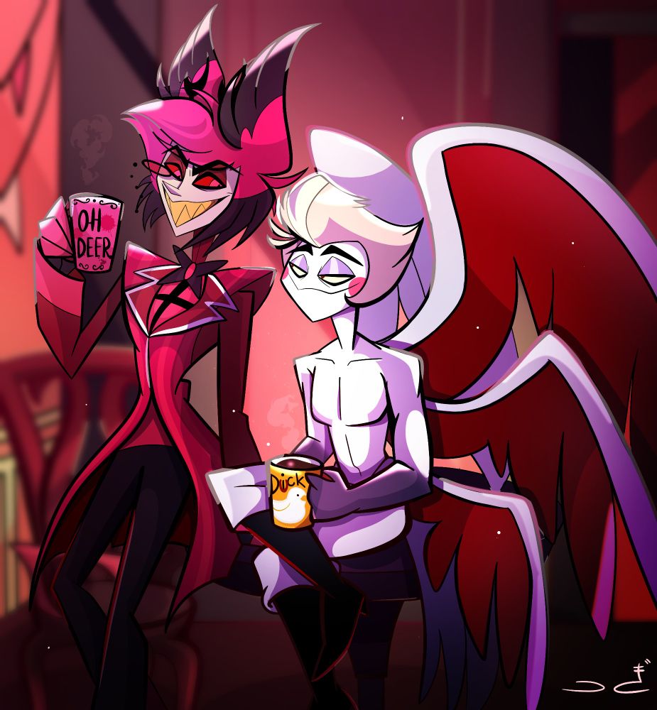 Lucifer and Alastor are standing on the balcony with funny morning coffee cups (perhaps Alastor doesn't have coffee in his cup, but something creepy).