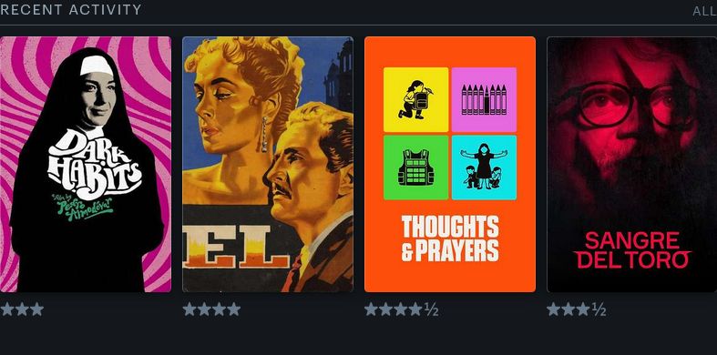 Pedro Almodóvar's Dark Habits, Luis Buñuel's Él, Zackary Canepari and Jessica Dimmock's Thoughts & Prayers, and Yves Montmayeur's Sangre del Toro.