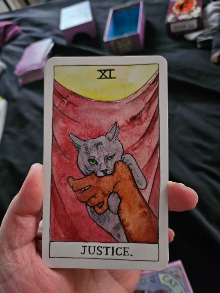 The tarot card Justice from the cat tarot deck. A grey cat bites a hand with a red backdrop behind it. 