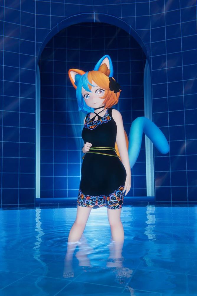 Keidakat standing in a blue pool room