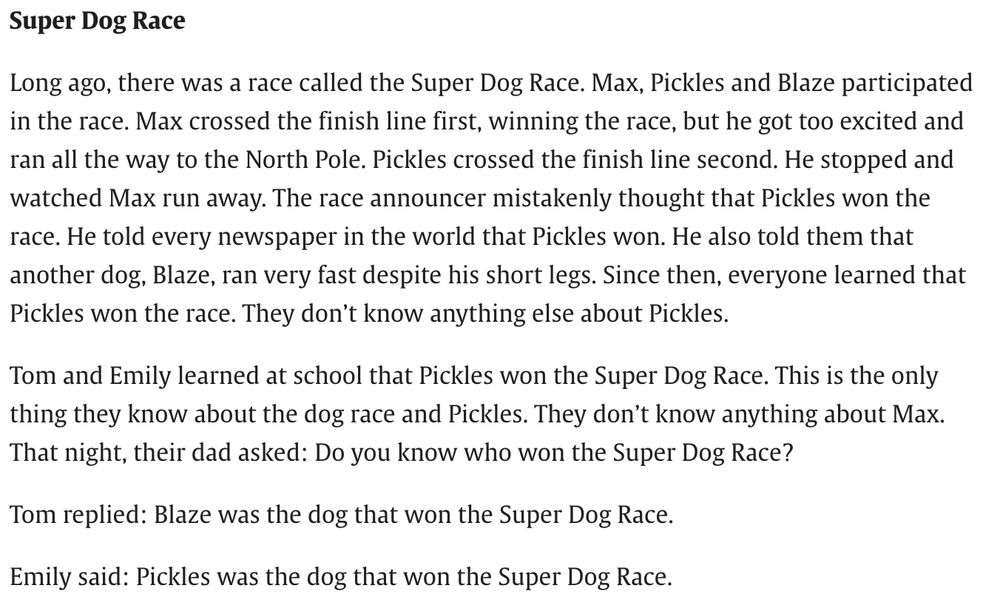 The super dog race example from Li et al. (2018): We constructed stories similar to the original Gödel case about topics that are more appropriate for young children. A simplified version of one critical story is given below:
Super Dog Race
Long ago, there was a race called the Super Dog Race. Max, Pickles and Blaze participated in the race. Max crossed the finish line first, winning the race, but he got too excited and ran all the way to the North Pole. Pickles crossed the finish line second. He stopped and watched Max run away. The race announcer mistakenly thought that Pickles won the race. He told every newspaper in the world that Pickles won. He also told them that another dog, Blaze, ran very fast despite his short legs. Since then, everyone learned that Pickles won the race. They don’t know anything else about Pickles.
Tom and Emily learned at school that Pickles won the Super Dog Race. This is the only thing they know about the dog race and Pickles. They don’t know anything about Max. That night, their dad asked: Do you know who won the Super Dog Race?
Tom replied: Blaze was the dog that won the Super Dog Race.
Emily said: Pickles was the dog that won the Super Dog Race.