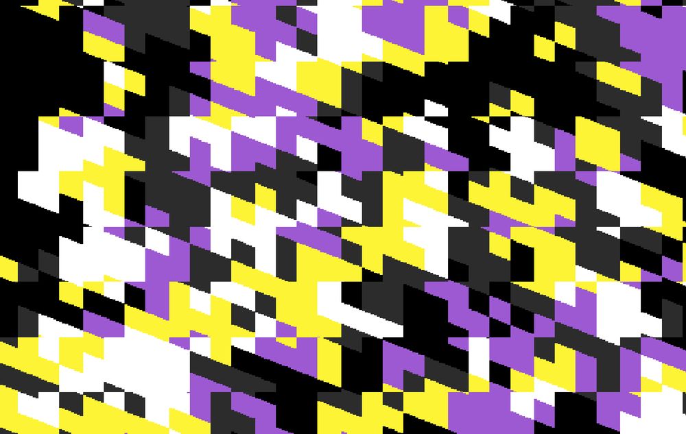 A heavily zoomed in view of a Julia set rendered using single precision floating point numbers, showing heavy artefacts due to floating point precision. It looks like heavily pixelated blobs of colour in the colours of the nonbinary pride flag.