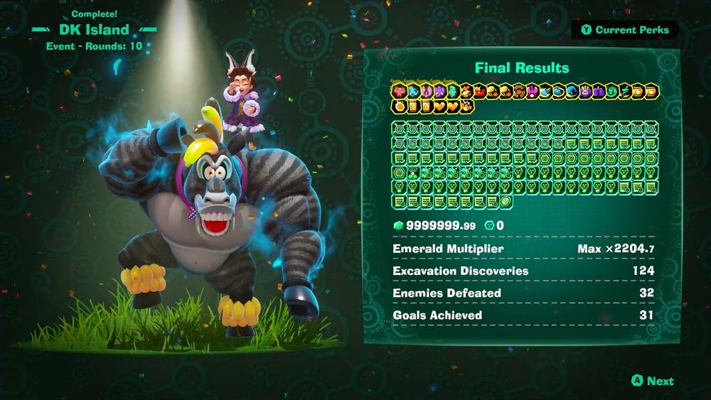 The Emerald Perks I used in my run to obtain money cap in the event. The key was to take as many Magic Wallet and Chip Magnet procs as possible, with one last Smelting Green at the end of the run to seal the deal.