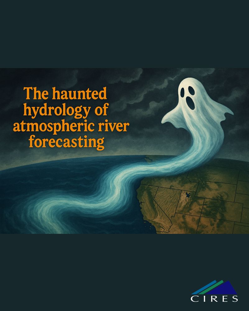 A ghost that dissolves into a river flowing over the US West coast and the Pacific ocean with storm clouds.