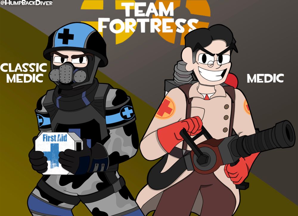 TFC Medic & TF2 Medic (Canon colors)

Hello I’m back and today is my 20th birthday so I bring you a drawing of the my absolute favorite character of all time the Medic from TF2 along side his TFC counterpart. And of course this series is inspired by SquimJim’s TFC vs TF2 series on YouTube. While most of the other TF2 Mercenaries never get to interact with their Classic counterparts in the comics, the Classic Medic never returns with the Classic Team in the comics. So of course TFC Medic and TF2 Medic never get to interact with each other in the comics
.
There are many theories as to why the TFC Medic never reappeared in the comics. Some think he retired before the events of the “Mann co no more” series, others think he died either before or during the events of the “Mann co no more” series. Another theory I’ve heard is that the TF2 Medic killed the TFC Medic to take his position after the TF2 Team disbanded, which isn’t too far fetched for the TF2 Medic honestly. I believe that the TFC Medic died during the events of the “Mann Co no more” series, since the TFC Heavy states in the comics that they spent 6 months hunting/killing the Administrator’s elite teams. This is where the TFC Medic was probably killed while hunting down one of the administrators elite teams, which then led to the Classic Team hiring TF2 Medic to replace their old Medic.
.
Not much I can talk about the TFC Medic other then that he would have been cool to see along side the other Classic Mercs. But anyways hope you guys enjoyed this post and I’ll see you in 2025 with Sniper :).