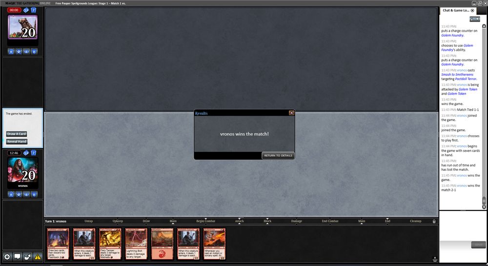 Screenshot of free pauper spellgrounds league on MTGO. Match victory playing burn against tron