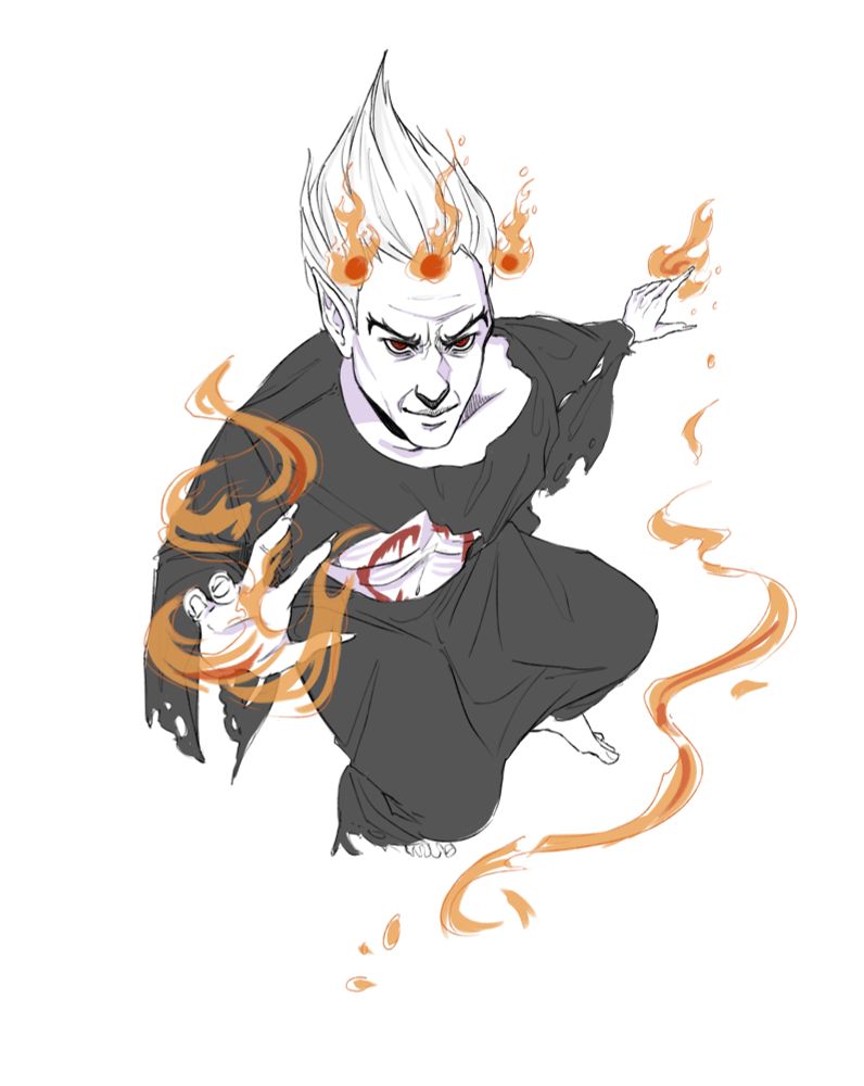 Art of Leshrac from above, with fiery orange magic trailing between and around his hands