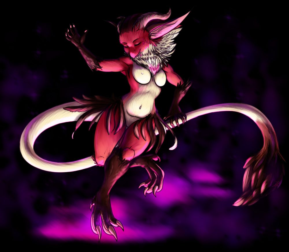 A dramatically lit digital painting of a bird-dragon girl, with dragon horns and mamallian ears, a long dragon tail, and a body covered in feathers. She is of coral, cream, and espresso brown colors, and is lit from below by vivid purple and pink lighting. She is mid-step as if she is dancing.