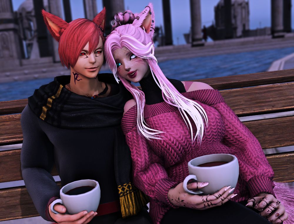 A Miqo'te man and woman sitting on a bench bundled up in warm clothes and holding coffees. The woman is leaning against the man comfortably