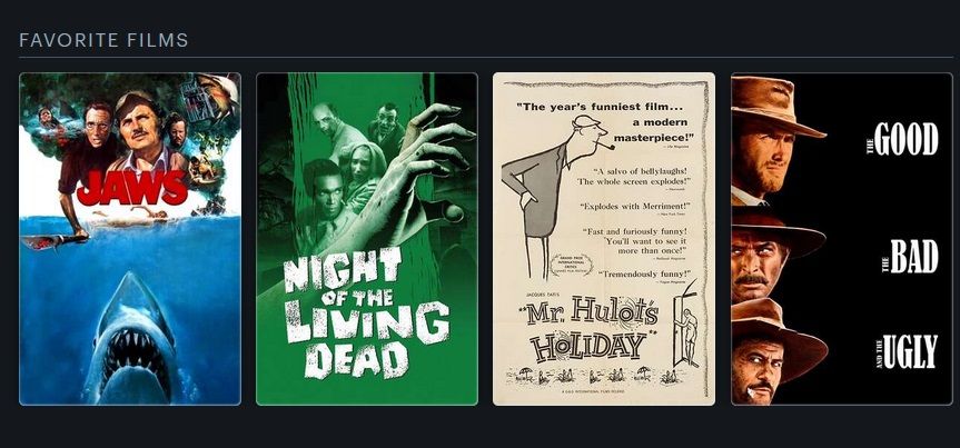 Cover art for my top four movies on Letterboxd.

From left to right: Jaws (1975), Night of the Living Dead (1968), Monsieur Hulot's Holiday (1953), and The Good, the Bad, and the Ugly (1966)