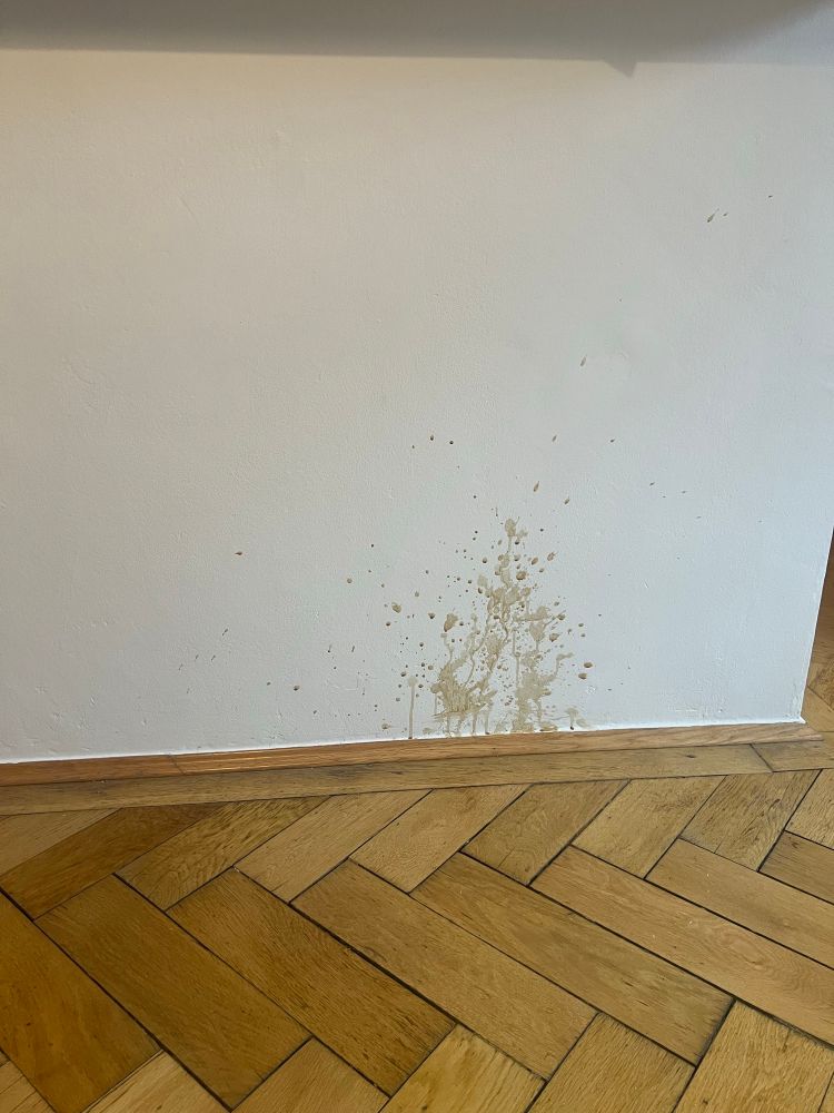 Weiße Wand mit Kaffee-Fleck.