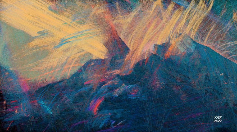 Painting title: Cosmic ray inversion through the Falketind refraction. Copyright 2022 by Erik Goetze. 