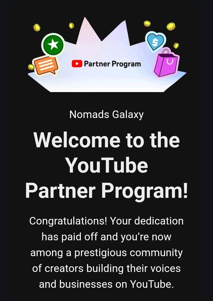 An email welcoming nomadsgalaxy to the YouTube partner program.