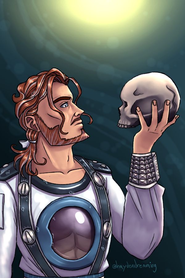 My drawing of Washford from the game Date Everything! He has long silky red-brown hair and beard streaked with gray and gray-blue eyes. He's wearing a puffy white shirt with a washing machine door on the front and metal cuffs. Water droplets bead on his hair and clothes. He's holding up a skull and looking into it severely. The background is dark teal with light from above.