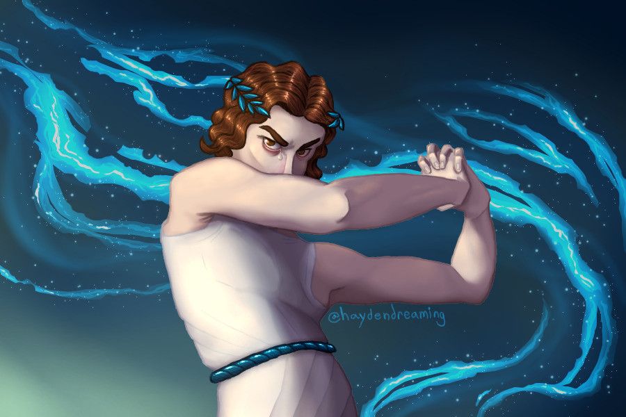 My drawing of the protagonist of my novel, Ilion. They have pale skin and wavy chestnut hair down to their jaw. They're posed like the famous painting "The Fallen Angel" by Alexandre Cabanel, with their head tilted down, brown eyes glaring, a single tear falling from the corner of one eye. One arm crosses in front of their face, hands clenched together. They're wearing a white tunic with a blue belt and matching blue laurels in their hair. In the background, blue fire swirls ominously.