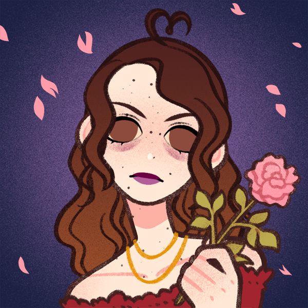 A picrew of Lenore. She is very pale with scattered dark freckles and long wavy brown hair. She has shadows under her dark eyes. She looks irritated. She's wearing a red dress off her shoulders and gold necklaces. She's holding a rose. The background is dark purple with pink flower petals falling.