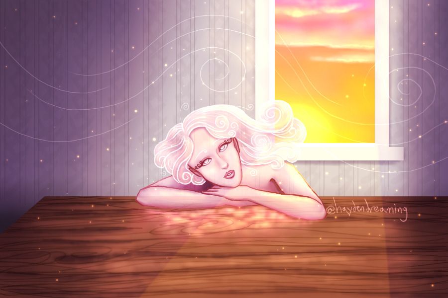 My drawing of Airyn from Date Everything! She is a translucent-pink being made of air. She's resting her head on her arms on a table, bathed in golden evening light from an open window. Dust motes glitter in the air. The sunlight reflects pink and gold through her onto the table.