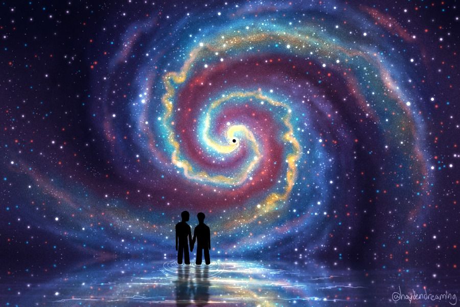 My drawing of colorful, starry space swirling towards a single tiny black point. The sky is reflected on glassy water. Two people are silhouetted, standing knee-deep in the water. One is facing straight away, but the second's head is slightly turned towards the other.