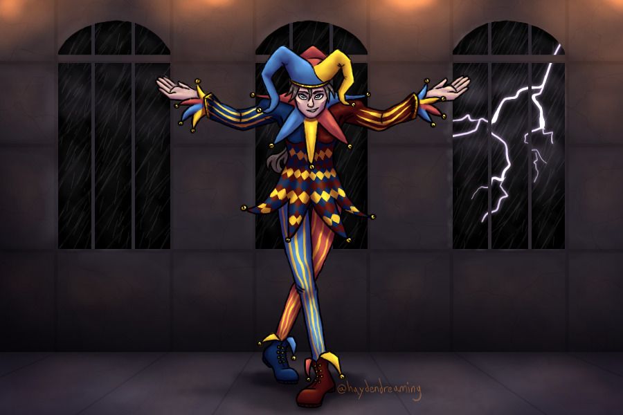 My drawing of Fen bowing with her arms outstretched. She has grey-brown hair and gray-ish eyes. She's wearing a jester's motley of blue, red, and yellow. Lightning flashes outside the windows in the background, while orange torchlight glows from above.