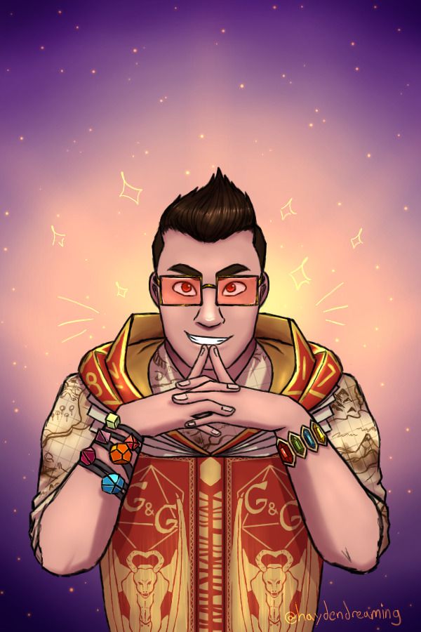 My drawing of Chance from the upcoming game Date Everything! His hood is shaped like a red and gold D20, his shirt is a battle map drawn on grid paper, and his vest is a GM screen with the Grottos and Gargoyles logo. He has a full set of colorful dice on bracelets on one wrist and gems on the other. He has red-tinted glasses. His fingers are steepled in front of his chin as he looks at the viewer eagerly. The background is gold and purple with sparkles.