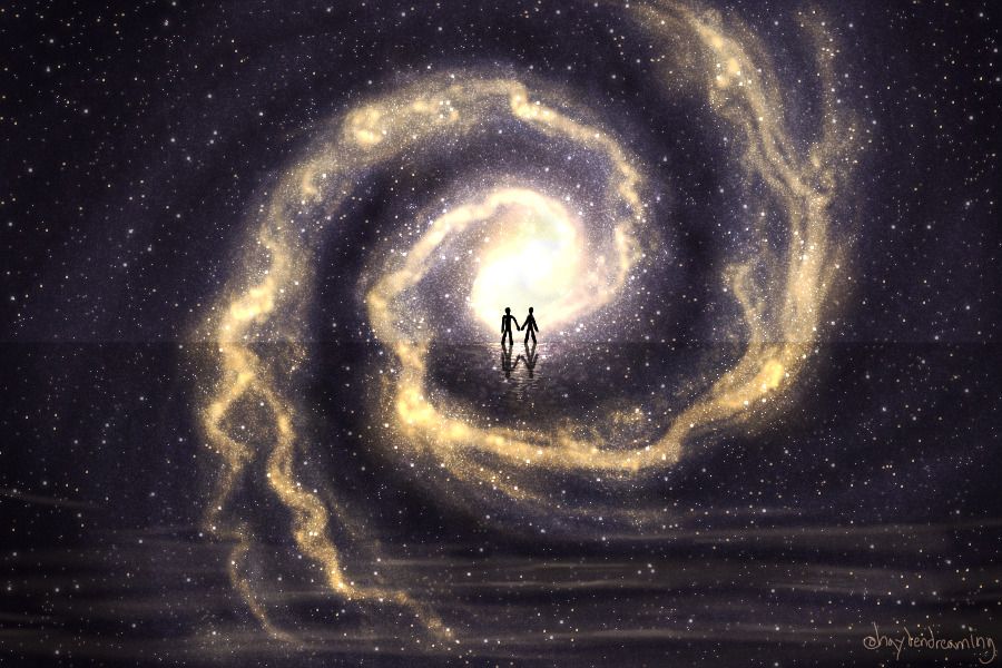 My drawing of a gold spiral galaxy that speckles with stars. There's a horizon in the middle of the galaxy, and the surface is shimmering like water, but the galaxy isn't reflected—it continues uninterrupted. Two silhouettes stand at the edge of the horizon, nearly holding hands, but not quite reaching each other.
