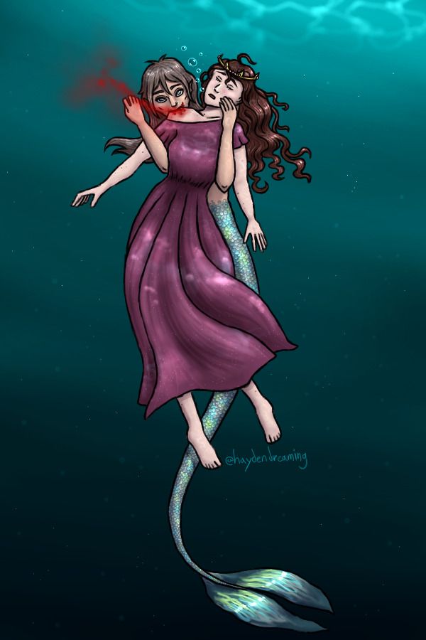 My drawing of my characters Fen and Lenore. Fen is a mermaid with shaggy grey-brown hair and greyish eyes, with a long grey, teal, and cyan tail. Lenore is a human with pale skin, long wavy reddish brown hair, wearing a sparkly purple dress and a gold crown. Lenore is unconscious, bubbles escaping from her mouth with her eyes closed. Fen is holding her with her arms hooked under her arms, cupping her cheek, staring directly into the camera while biting Lenore's shoulder. Blood seeps out in a cloud.