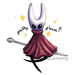 My drawing of Hornet from Hollow Knight/Silksong sitting crosslegged on the ground with her needle, with big shiny eyes like the pleading emoji and the words, "pretty please?"