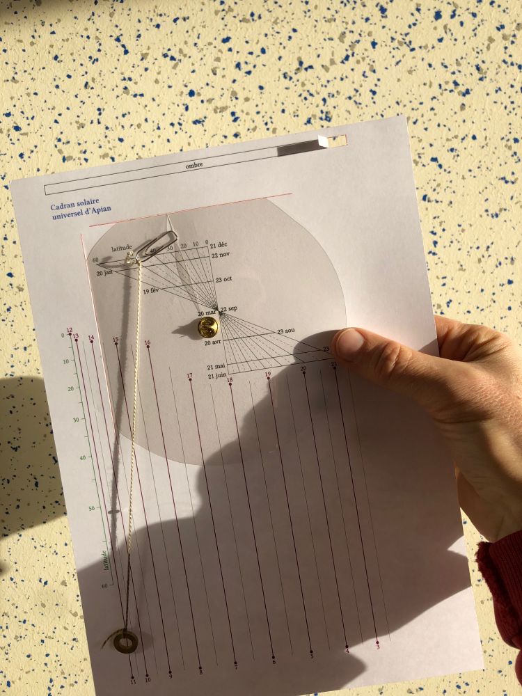 Hand holding an A4 paper printed with the previous diagram under sunlight. A plumb line is hanging in front of the paper.