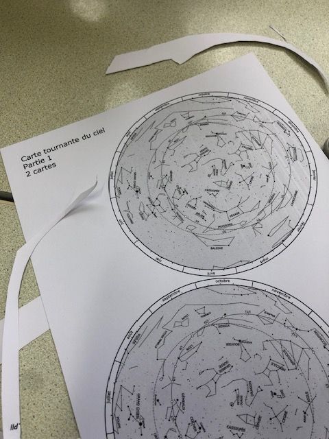 2 disques avec étoiles et constellations, avec chutes de papier autour.
