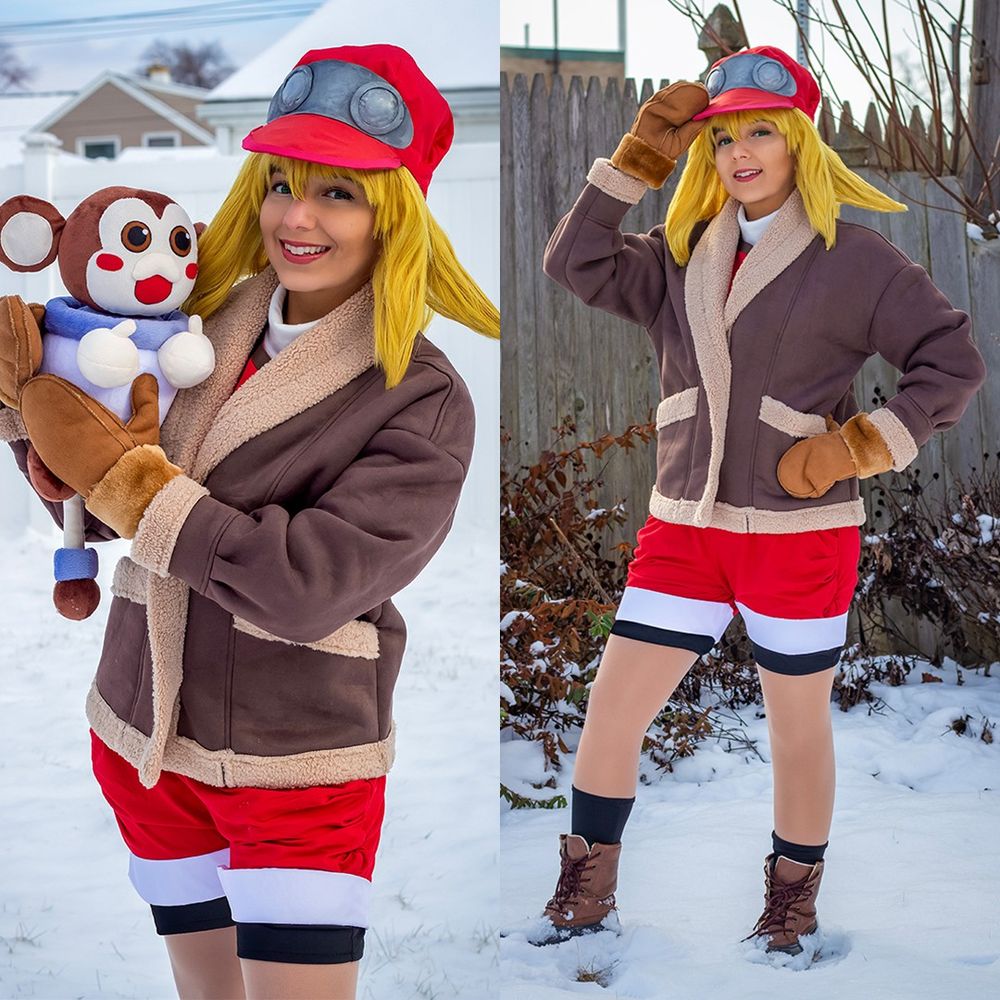 Two photos of me in my Roll Caskett cosplay from Mega Man Legends - with winter jacket and gloves like her Mega Man Legends 2 winter outfit, and snow on the ground. I'm holding a plushie of Data in the left photo.