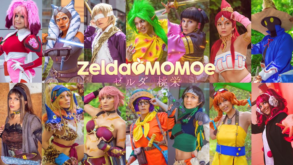 my ZeldaMOMOe logo in the center along with my cosplays featured:
- Seraphita from Xenogears
- Ahsoka from Star Wars Rebels
- human Emil from NieR Gestalt / Replicant
- Gau from Final Fantasy 6
- Lyon from Suikoden V
- Nabooru from Zelda: Ocarina of Time
- Vivi from Final Fantasy 9
- Koudelka from Koudelka
- Berserker Rikku from Final Fantasy X-2
- BlackRose from .hack IMOQ
- Lucca from Chrono Trigger
- Yuffie from Final Fantasy 7
- Aika from Skies of Arcadia
- Clover from Zero Escape: 999