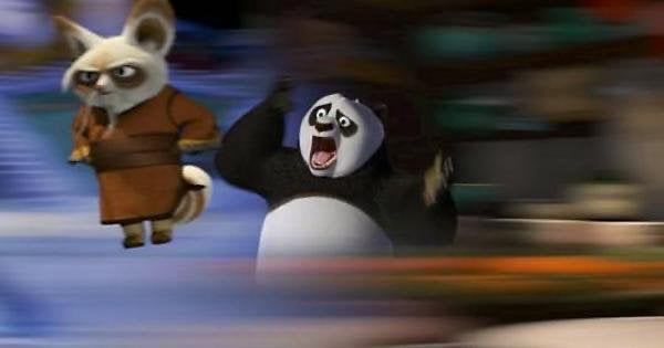 A still from Kung Fu Panda where Po looks terrified and Master Shifu is somehow floating into the void with blurring.