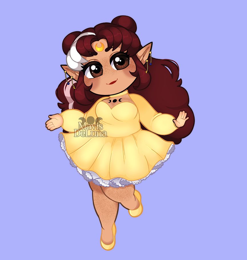 A digital drawing of Mavis DeLuna (feminine form) in a chibi style. Mavis has her arms spread out while bending one leg cutely. She's looking off to the side while smiling softly. She's wearing a soft yellow cocktail dress with long sleeves and a chest window. A white petticoat can barely be seen under the skirt of the dress.