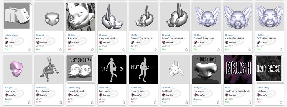 Screenshot of SoraruFox's Clip Studio Assets search, showing various 3D models of furry characters and their heads for drawing/reference purposes.