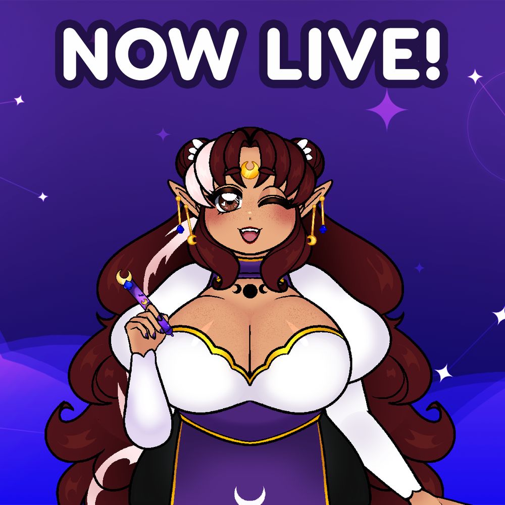 "NOW LIVE!" Text displayed at the top. The background is a purple to dark blue gradient with constellations and clouds drawn in a simplistic vector style. Mavis DeLuna's VTuber model is in the center below the title text, winking with an open-mouthed smile. She's in feminine form, holding her tablet pen.