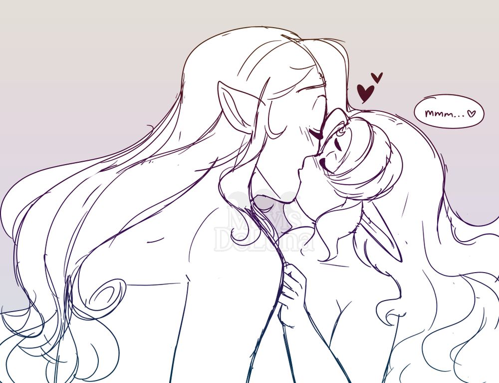 A digital sketch of my characters, Pern (he/him, left) and Mavis (she/they, right) sharing a passionate kiss. Pern is viewed from a back 3/4 angle while Mavis is slightly beneath him at a 3/4 front angle; she's happy in her expression while Pern looks shy, the both of them bare with their hair loose, making the scene intimate. Mavis is saying "Mmm..." with a little heart, implying she's really enjoying the kiss.