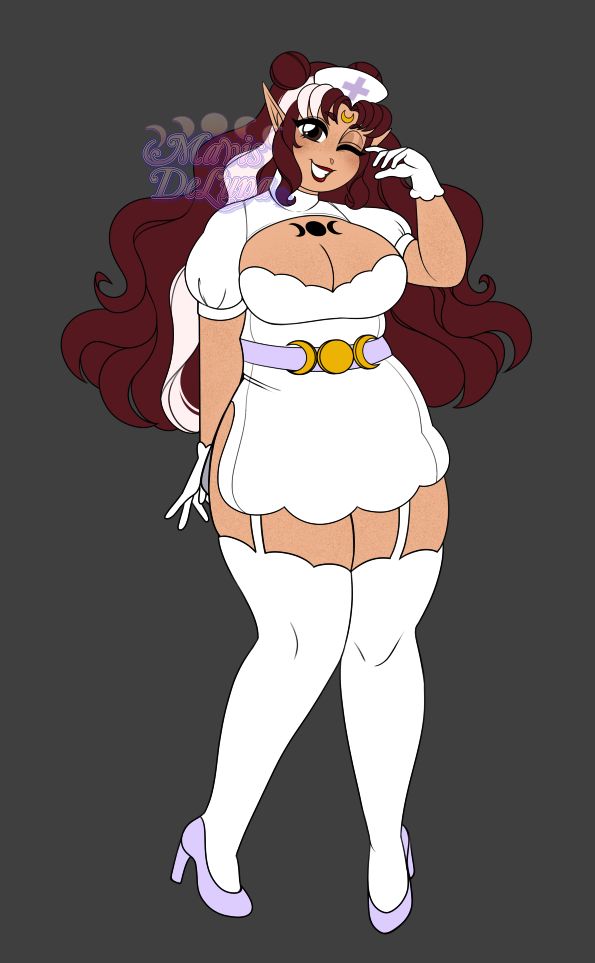 A digital drawing of Mavis DeLuna wearing a white nurse outfit. The accents are pastel purple instead of red. She has a belt with a golden triple moon symbol across her waist. The dress is meant to be more decorative and be more of a nurse cosplay than serve actual function. She's posed with one hand up and winking with a grin.