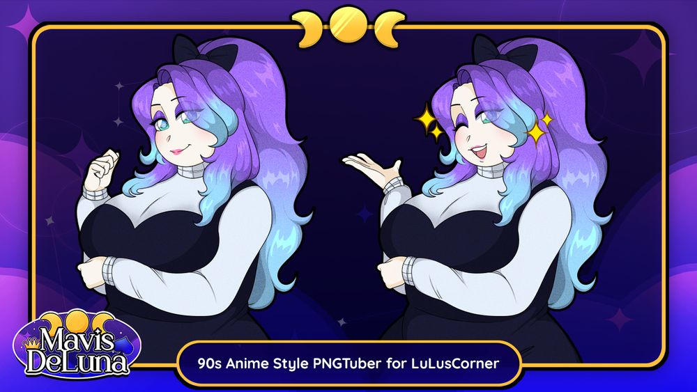 A commission of Lulu drawn in a 90s anime inspired style. Lulu's pronouns are they/moon. Lulu is standing with one arm under their bust, while the other is posed either folded neatly while propped up or with their hand out and talking. The left expression is idle, and the right is a happy, open-mouthed wink with sparkles. Lulu is wearing a light grey/blue sweater, and a black dress over the sweater. They have a bow in their long purple hair that is cyan at the ends.