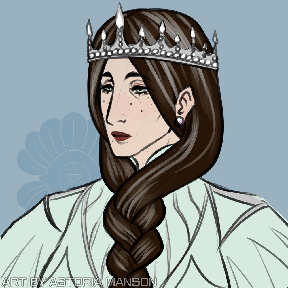 Boceto a color de una reina, Sigyn (OC), una mujer blanca de cabello castaño oscuro ybcanoso, ikosnoliva, labios rojos, pecas y expresión serena. 