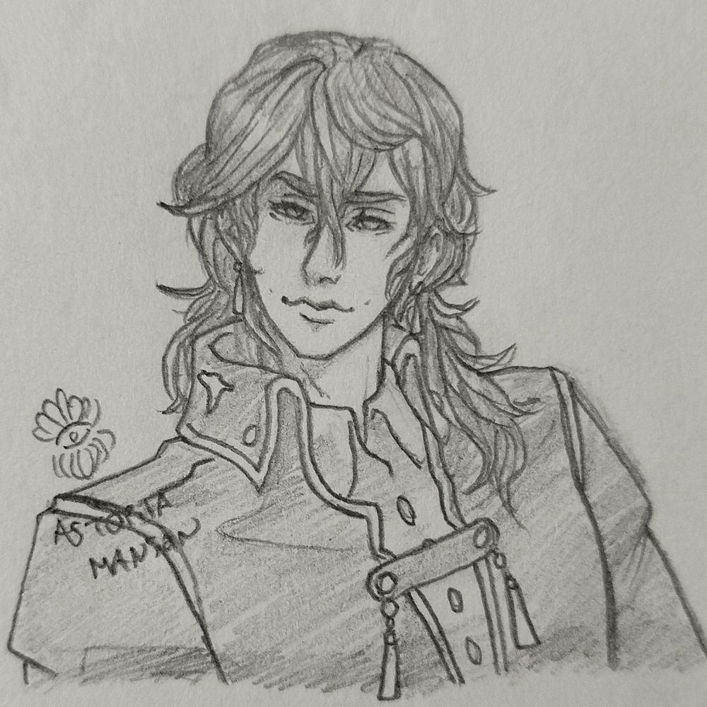 Boceto de un hombre de cabello largo y rebelde y una sonrisa cínica. 