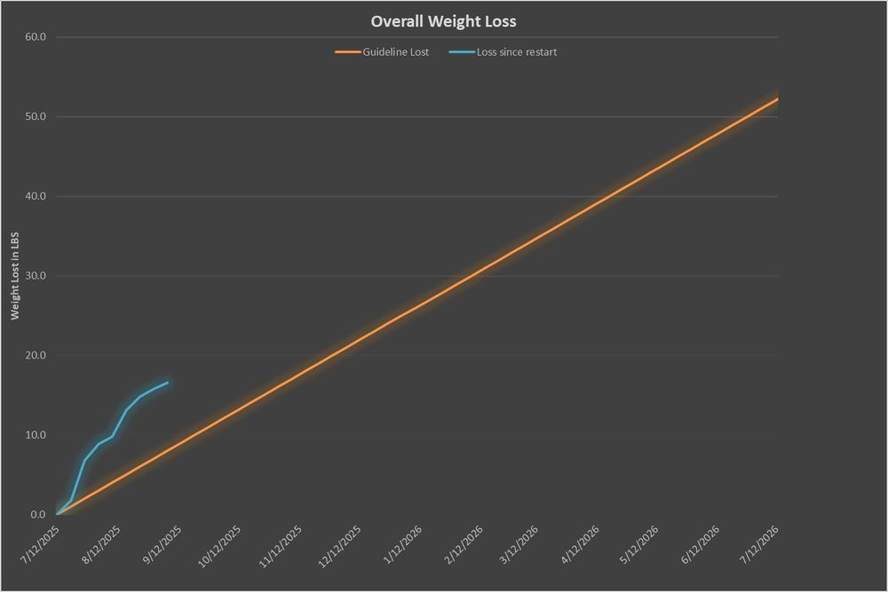 A chart showing 16.6 lbs lost since 7/12/25. Significantly ahead of the one pound a week line.
