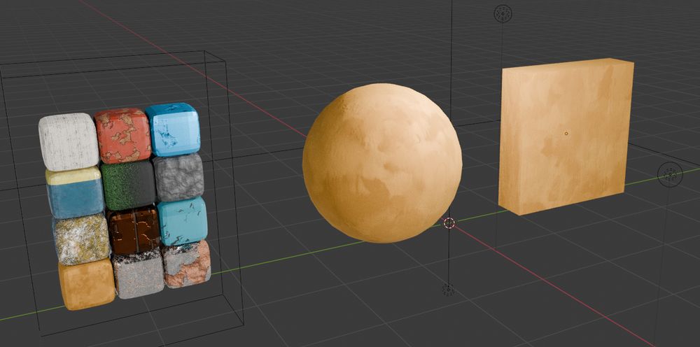A blender scene with a sphere and a square block. It's supposed to be a anime stylized procedural blender shader of wood.