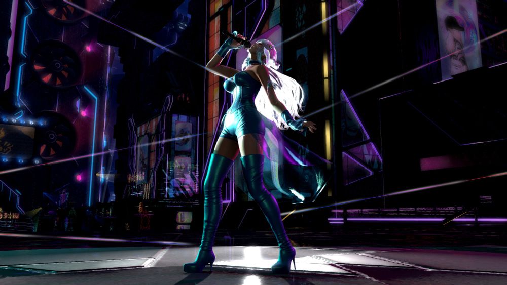 An auri woman with pale hair and holo colored scales, backlit by stage lights as she belts out a high note of a song, her expression hidden by shadow as strings of light pull from her to offscreen.
