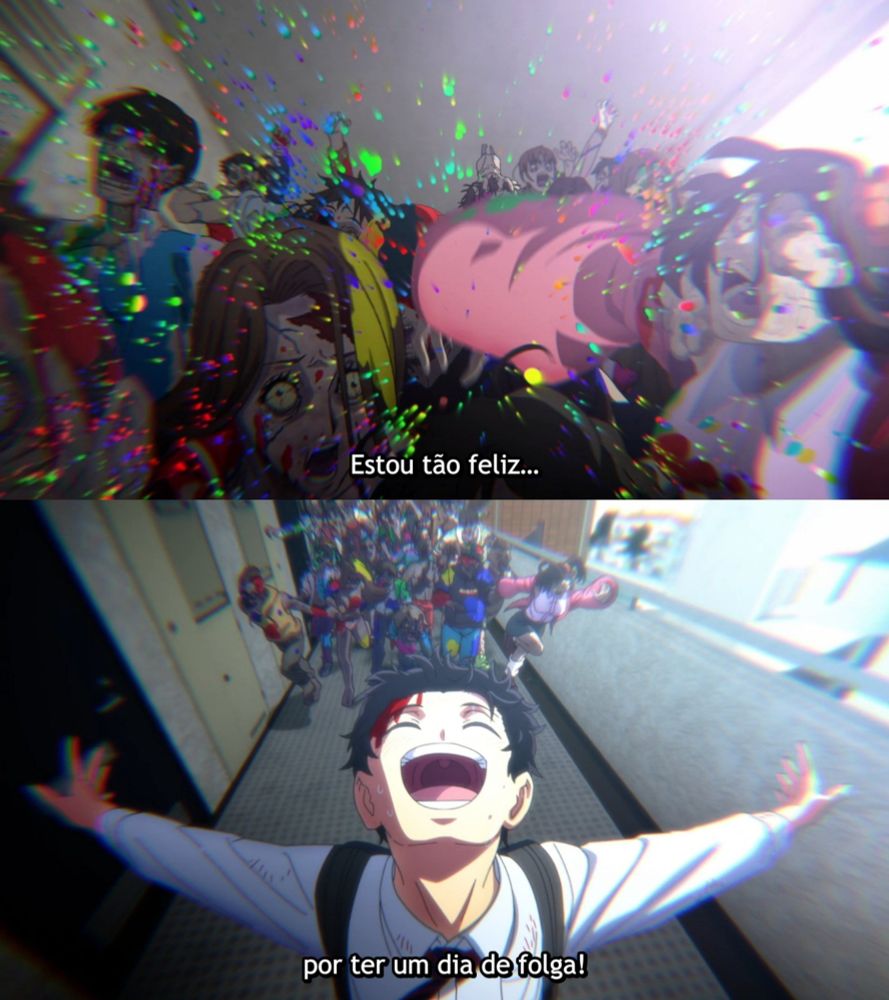 Anime onde uma pessoa comemora "Estou tão feliz... Por ter um dia de folga!"