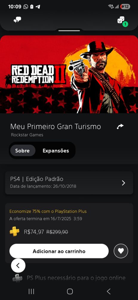 Print da tela do PSN APP onde tem a imagem do game do forasteiro, aka Red Dead Redemption II e no titulo esta como "Meu primeiro gran turismo"