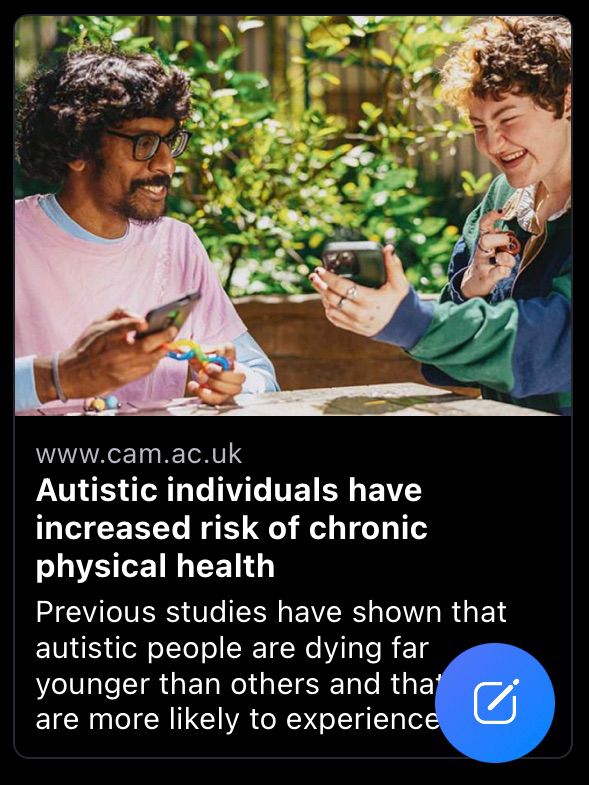 Screenshot of the exact same post I am responding to. BlueSky showed the link to the article with it’s heading cut off at an unfortunate spot: „Autistic individuals have increased risk of chronic physical health“.