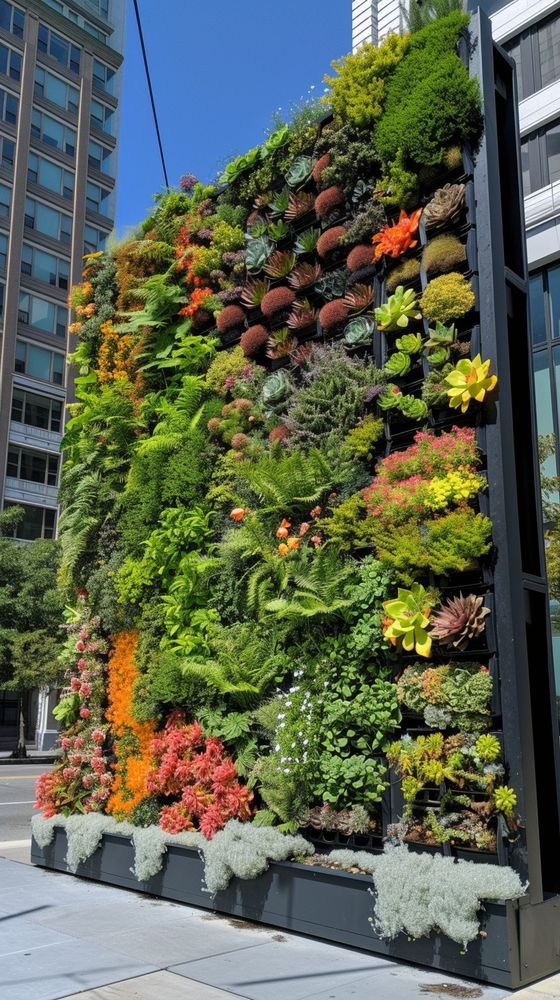 A photo of a vertical wall of plants growing outdoors in an urban setting.