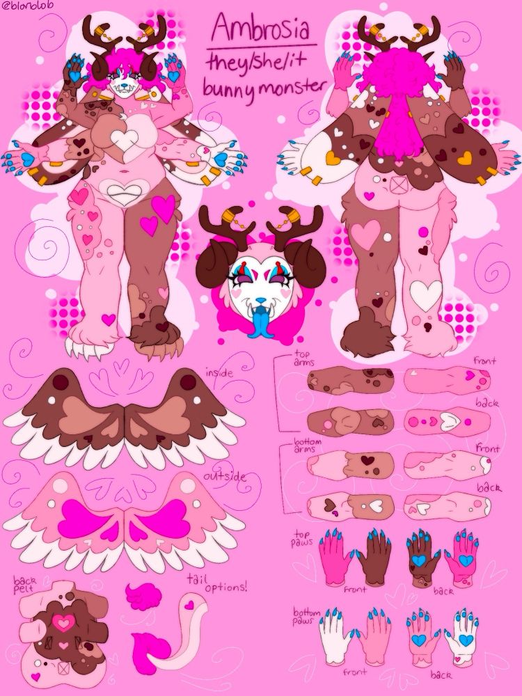 The image is of a pink and brown bunny monster / wolpertinger (rabbit with wings, antlers, and fangs) fursona. It is a full front and back reference page with wings, back pelt, arm patterns, and 4 hand patterns. 