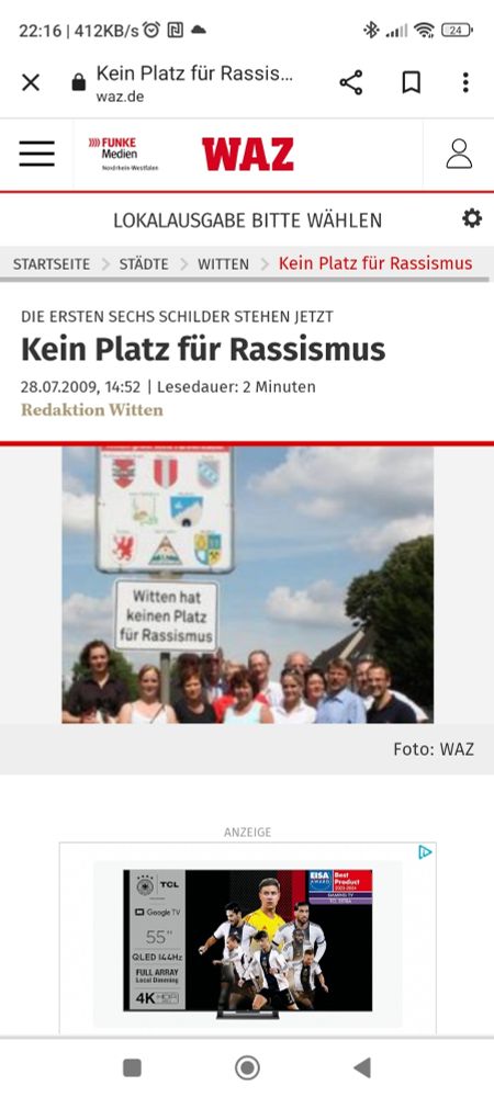 Ein Schild mit dem Text ,,Witten hat keinen Platz für Rassismus"