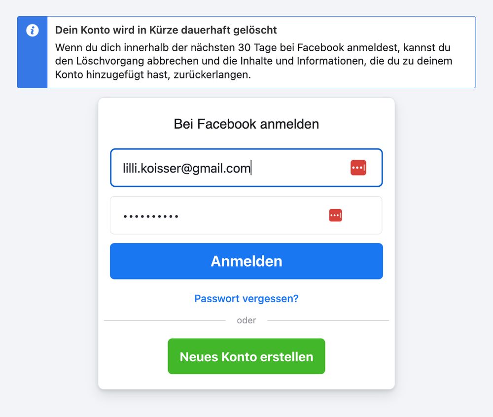 Screenshot von Facebook mit dem Hinweis "Dein Konto wird in Kürze dauerhaft gelöscht"